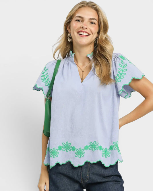 Light Blue Embroidered Scallop Sleeve Top