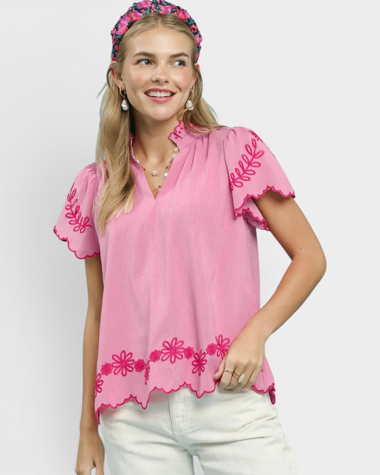 Bubblegum Pink Embroidered Scallop Sleeve Top
