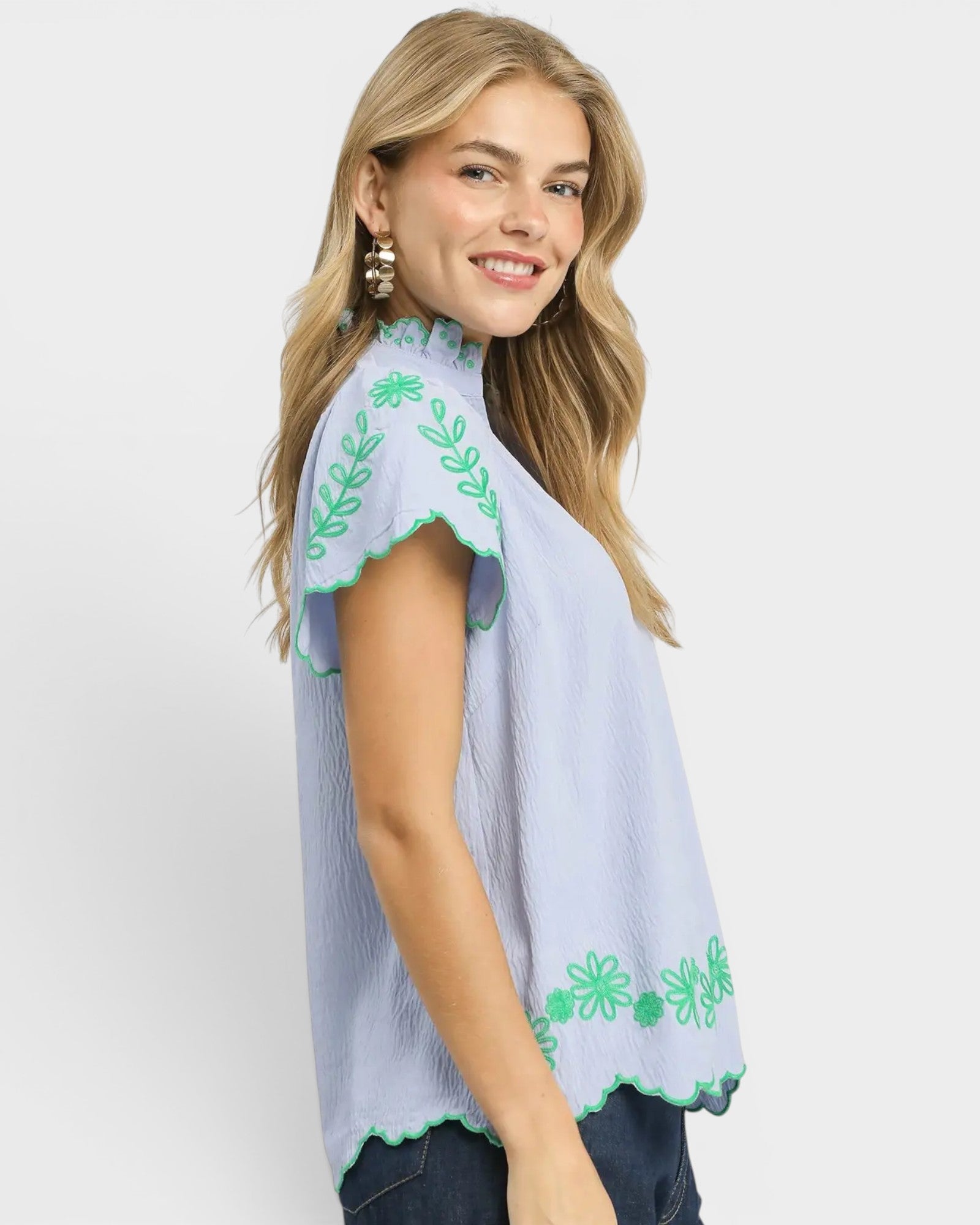 Light Blue Embroidered Scallop Sleeve Top