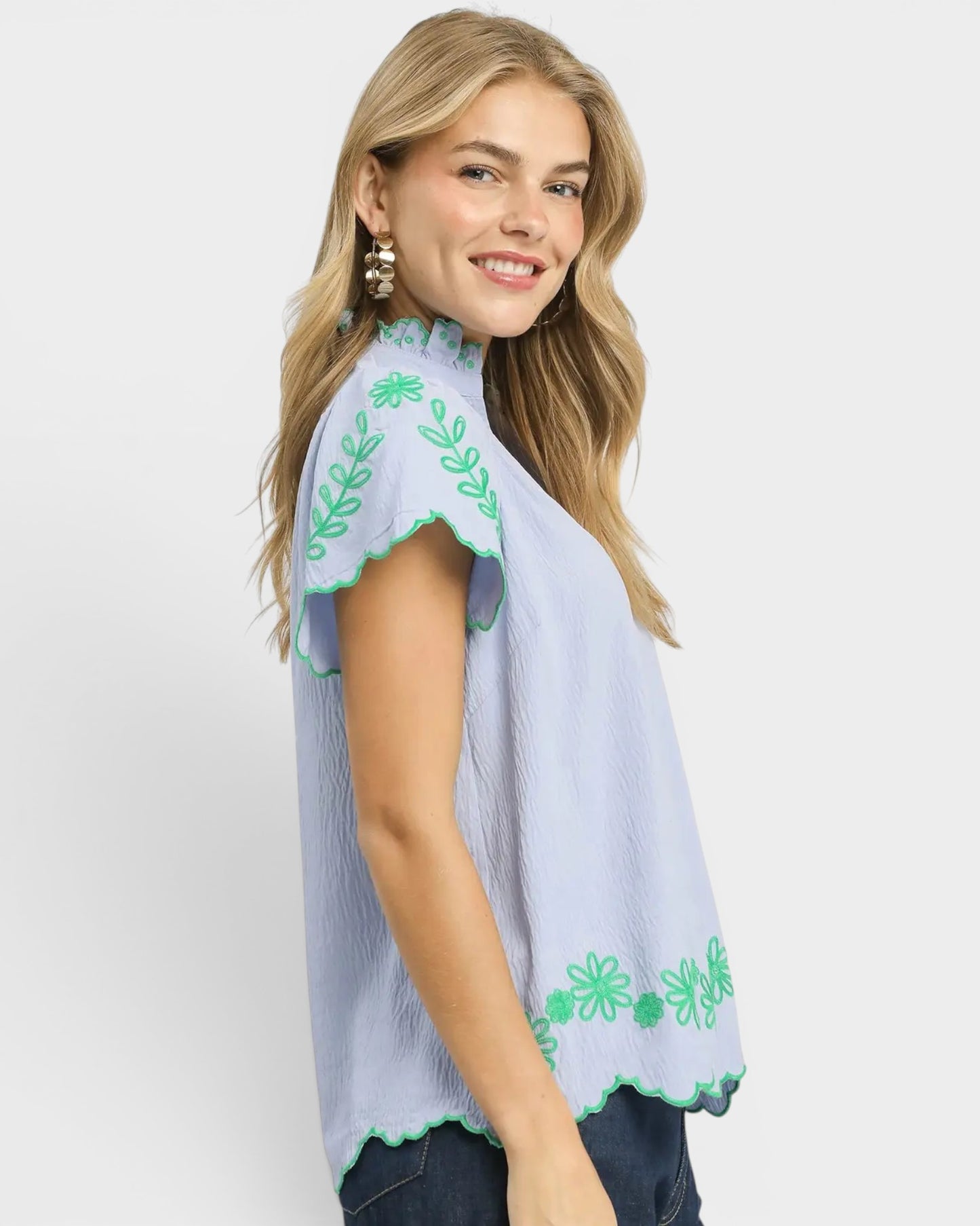 Light Blue Embroidered Scallop Sleeve Top
