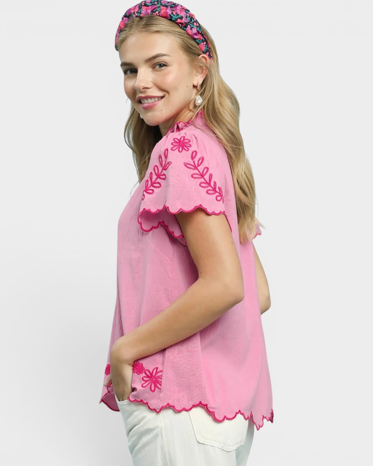 Bubblegum Pink Embroidered Scallop Sleeve Top