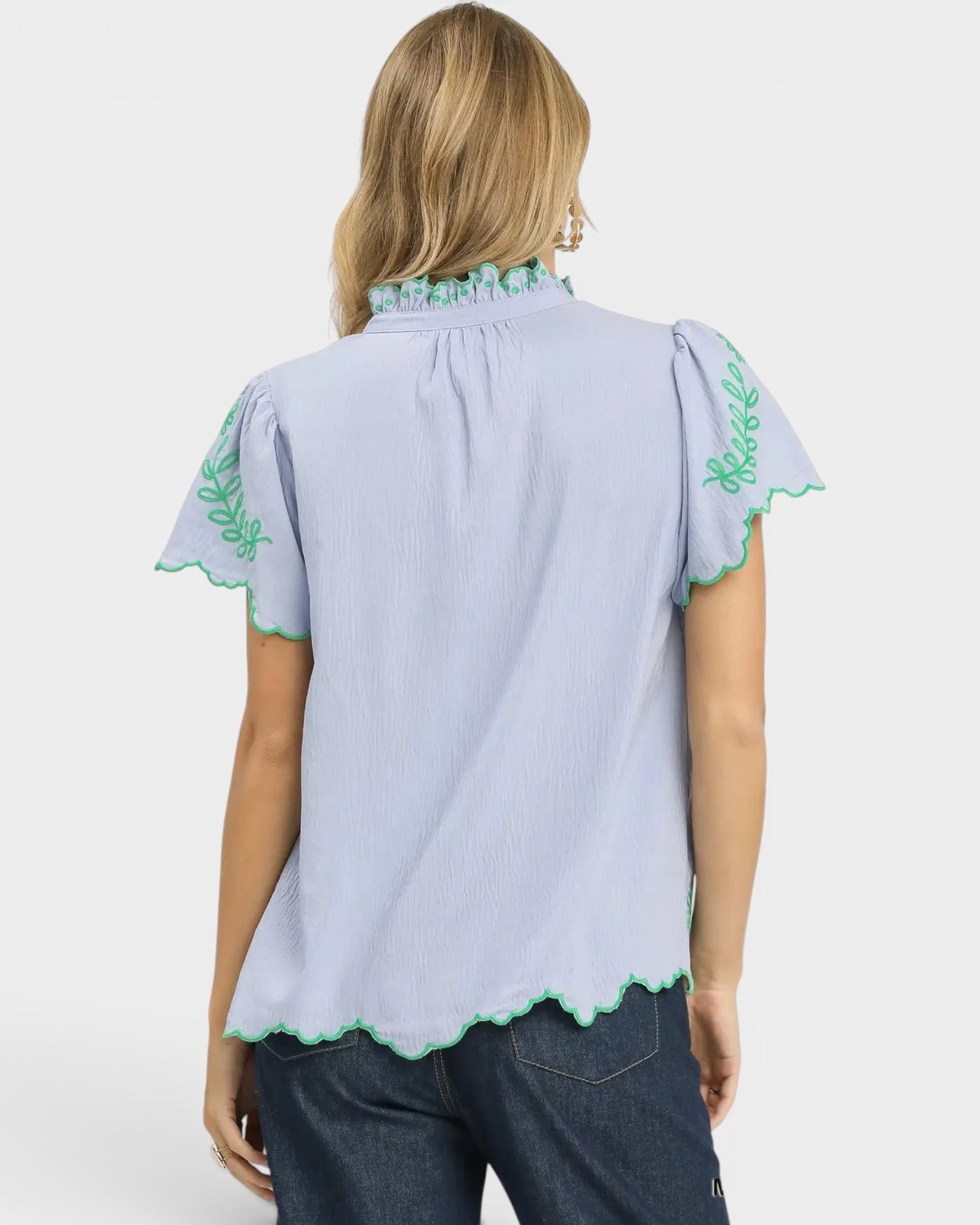 Light Blue Embroidered Scallop Sleeve Top