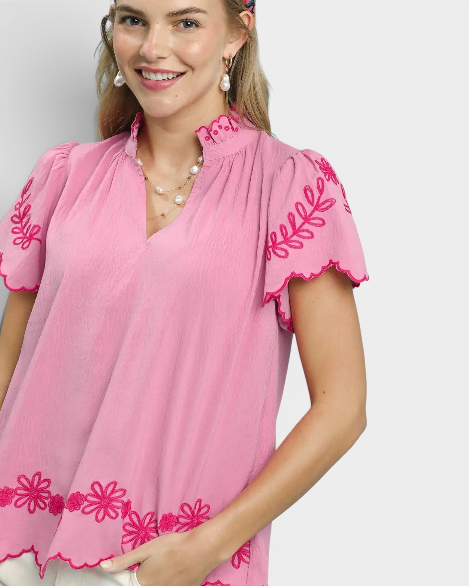 Bubblegum Pink Embroidered Scallop Sleeve Top