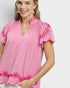 Bubblegum Pink Embroidered Scallop Sleeve Top