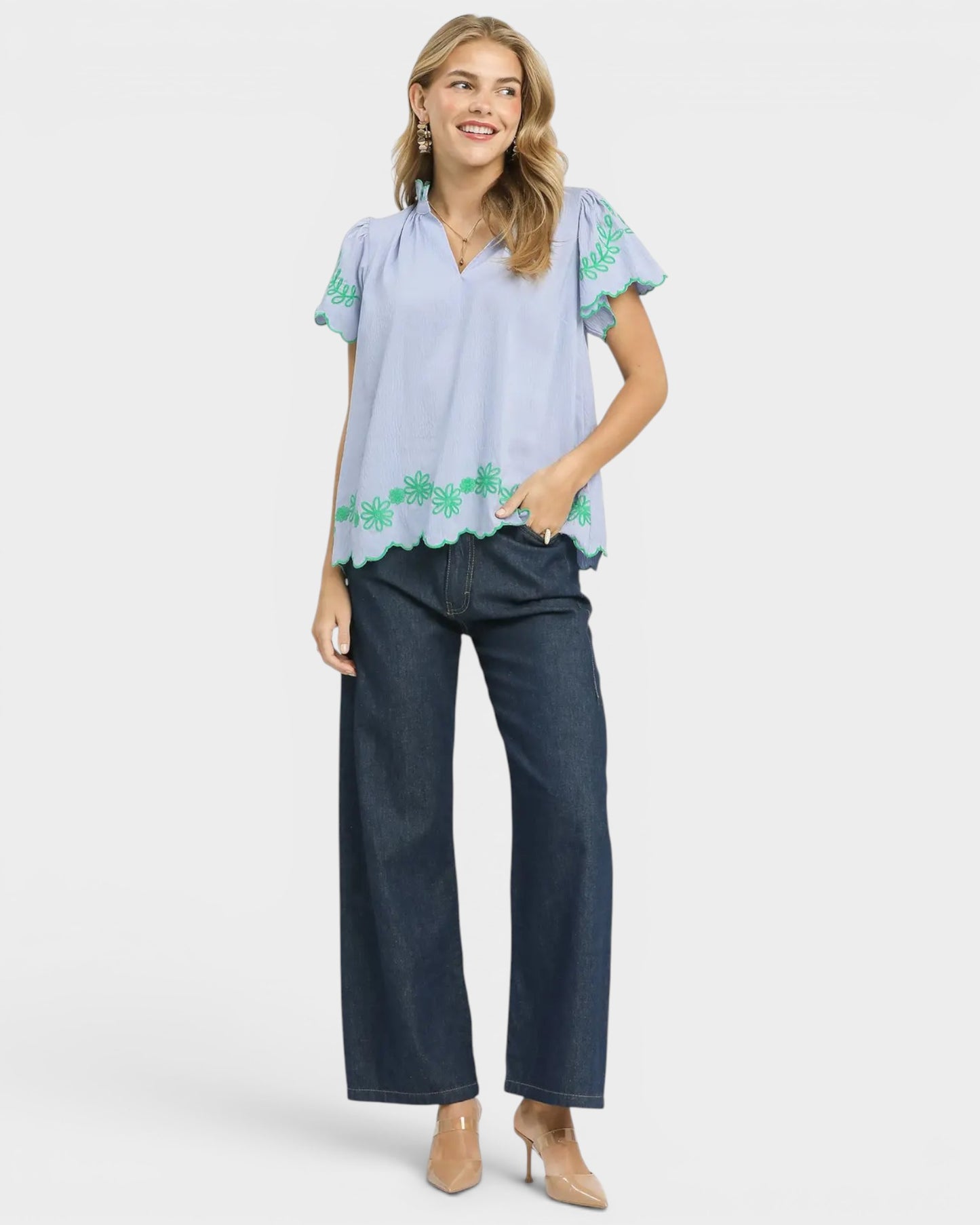 Light Blue Embroidered Scallop Sleeve Top