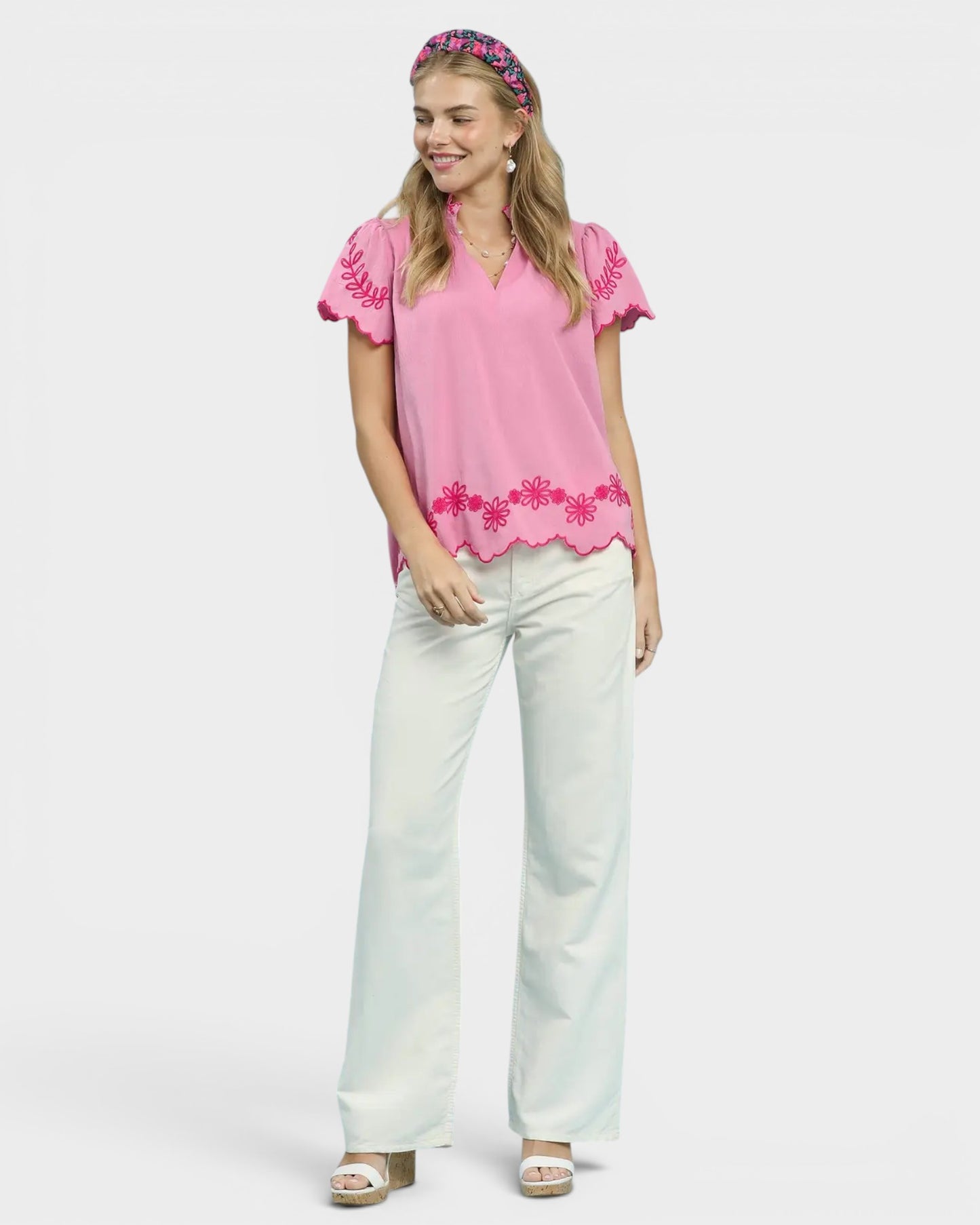 Bubblegum Pink Embroidered Scallop Sleeve Top