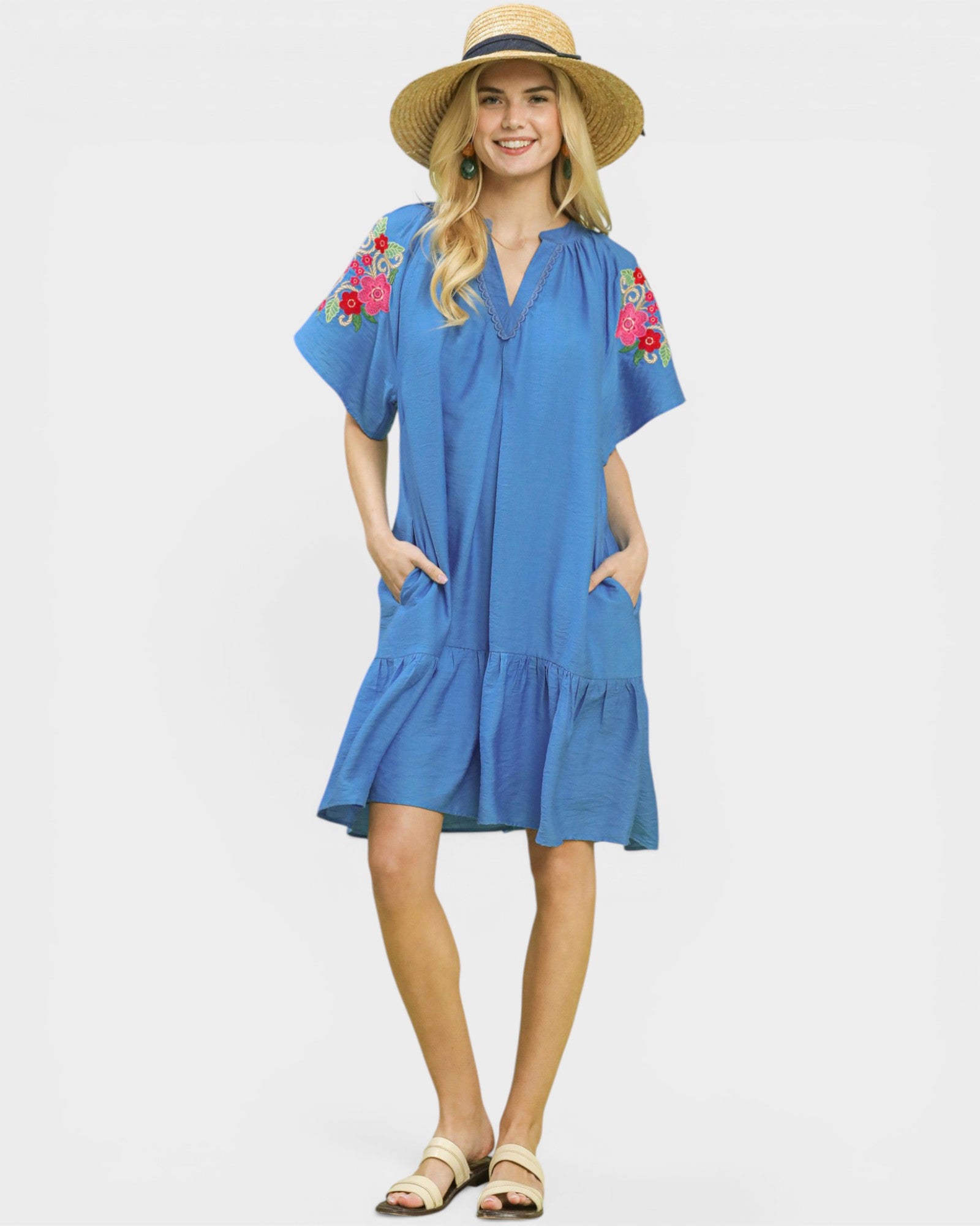 Cornflower Blue Embroidered Sleeve Mini Dress
