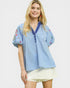 Woman wearing a blue embroidered blouse with a plain background