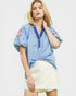 Woman wearing a blue embroidered blouse and white shorts on a light gray background