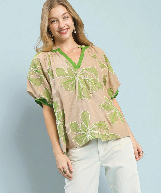Tan & Green Floral Embroidered Blouse