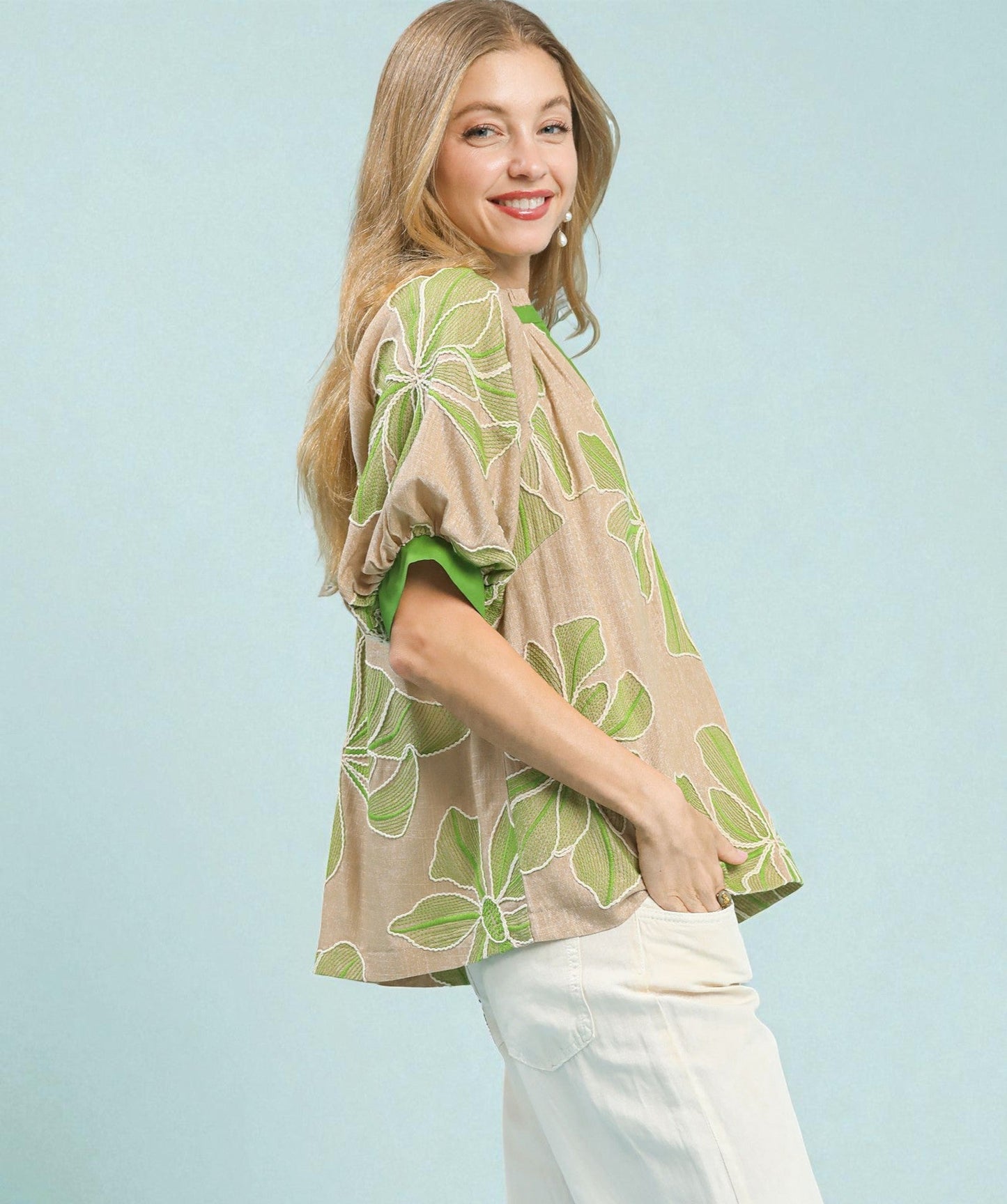 Tan & Green Floral Embroidered Blouse