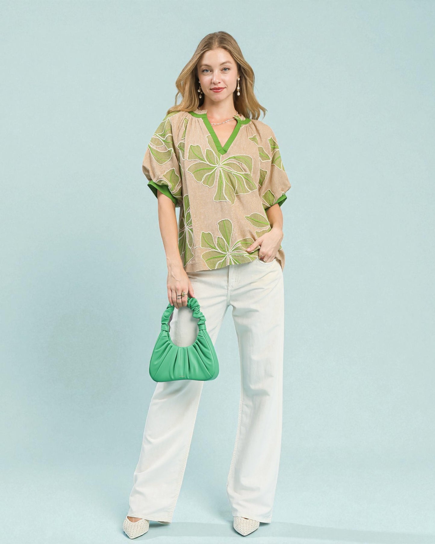 Tan & Green Floral Embroidered Blouse