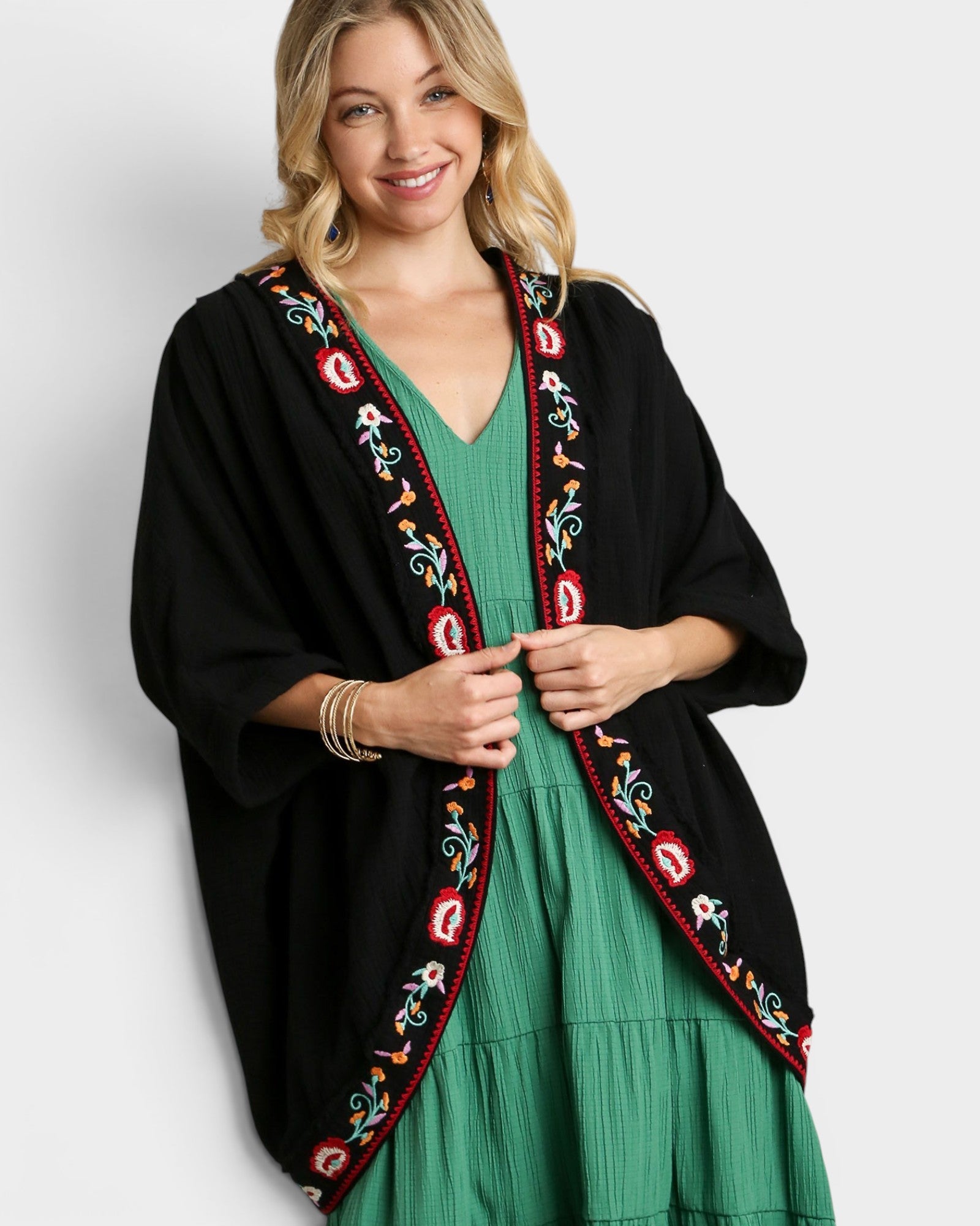 Black Embroidered Cotton Kimono