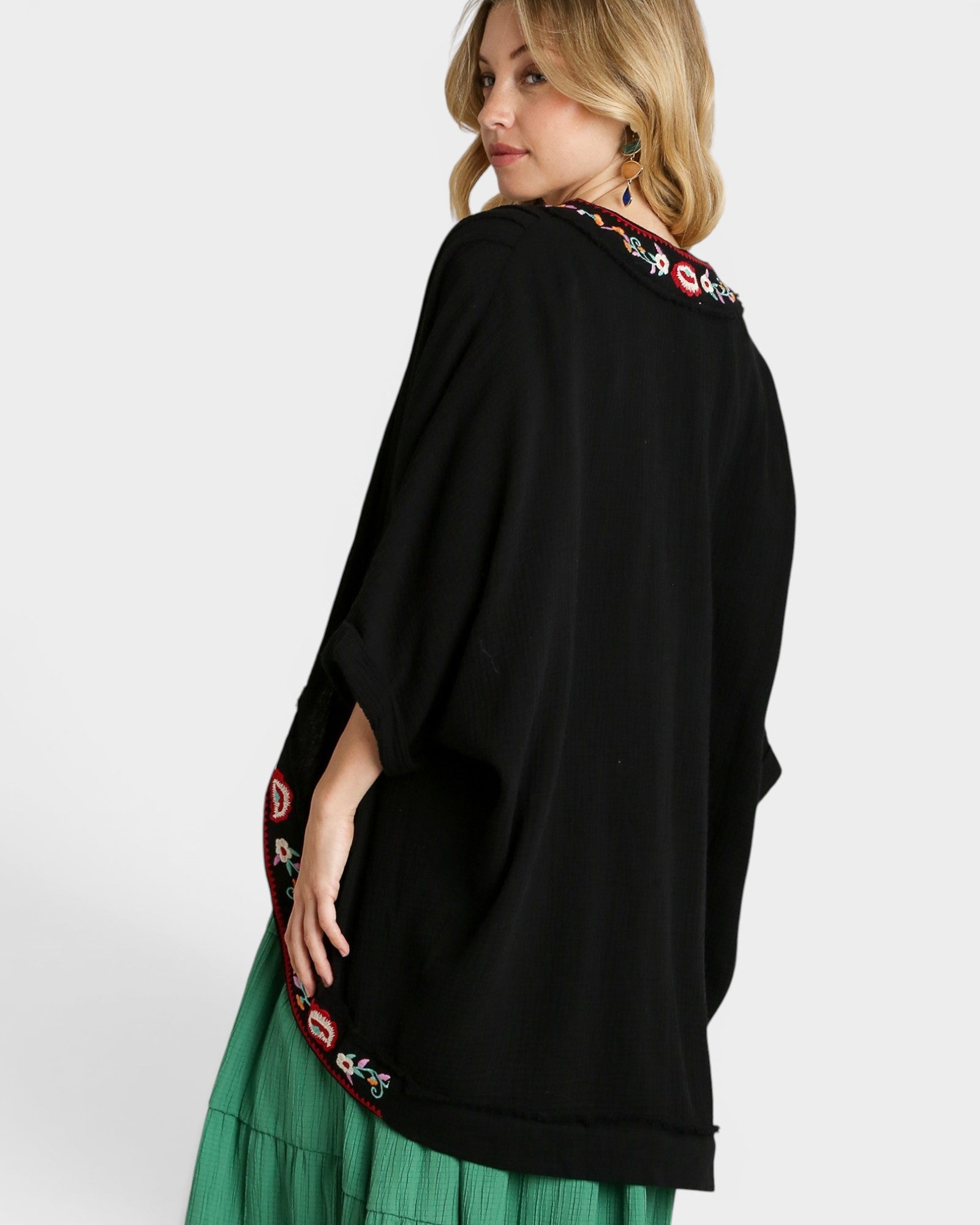 Black Embroidered Cotton Kimono