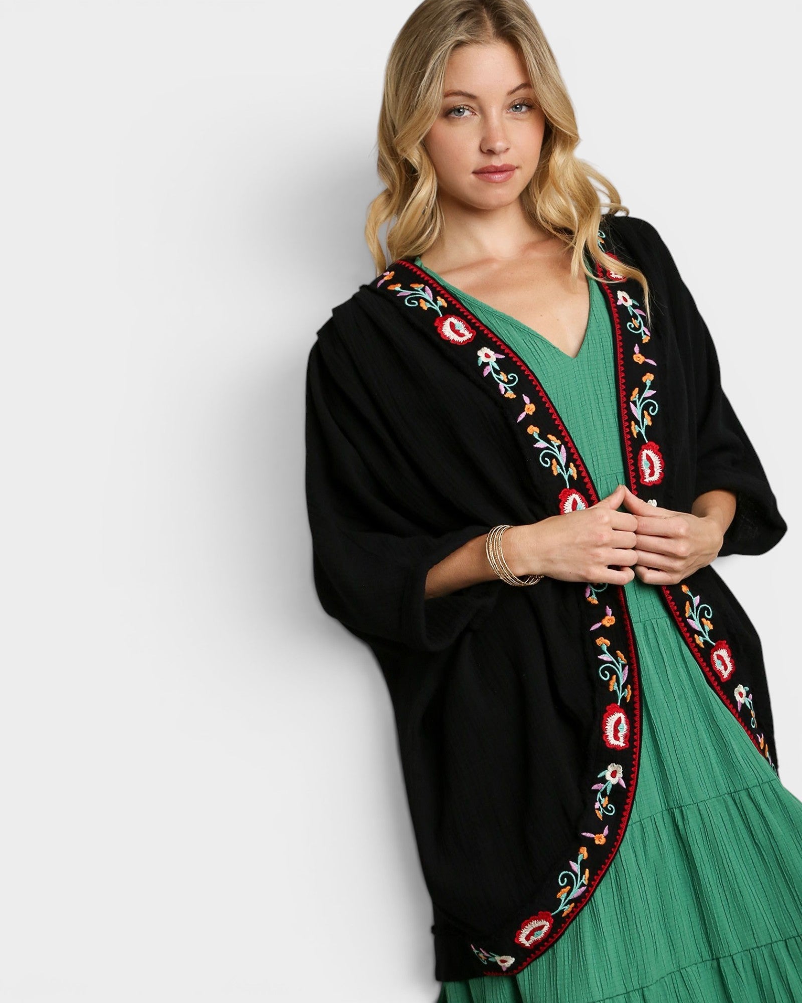 Black Embroidered Cotton Kimono