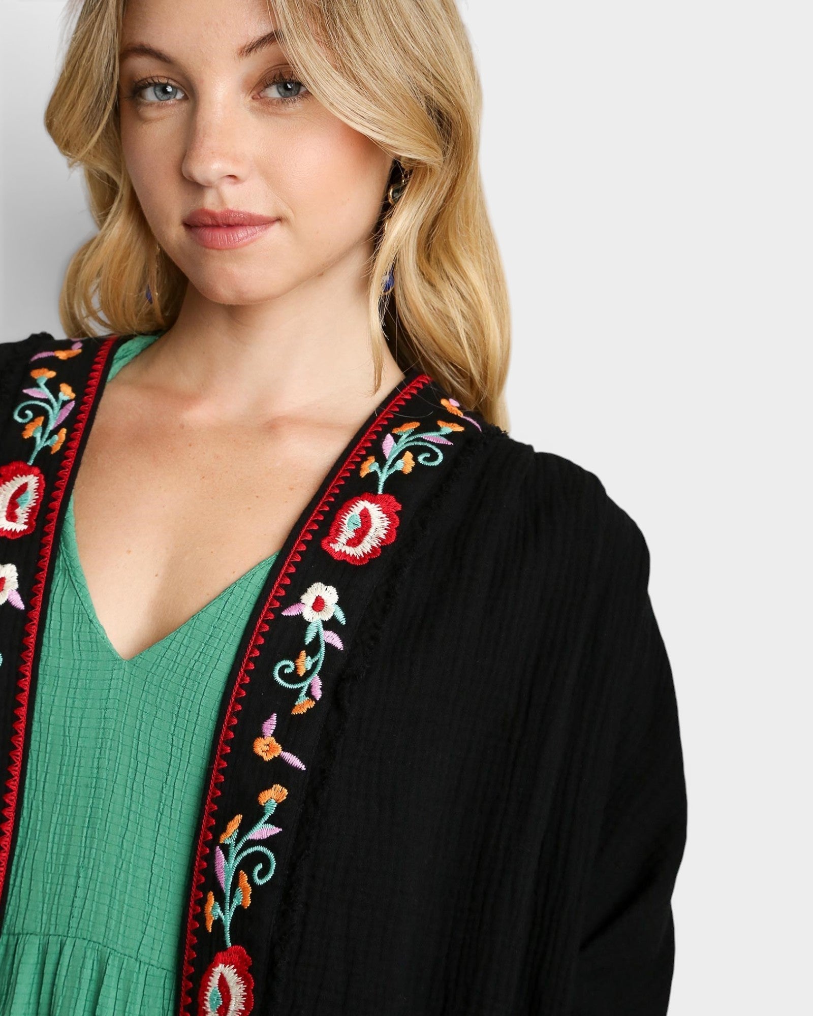 Black Embroidered Cotton Kimono