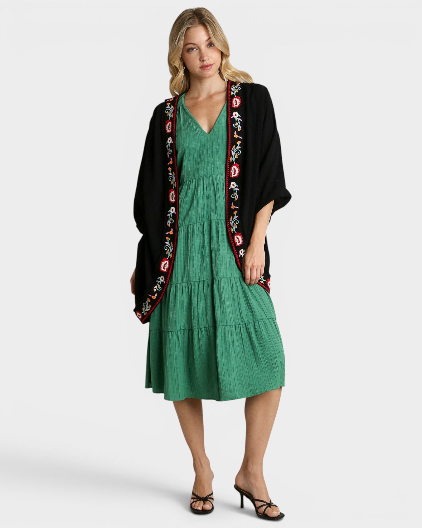 Black Embroidered Cotton Kimono