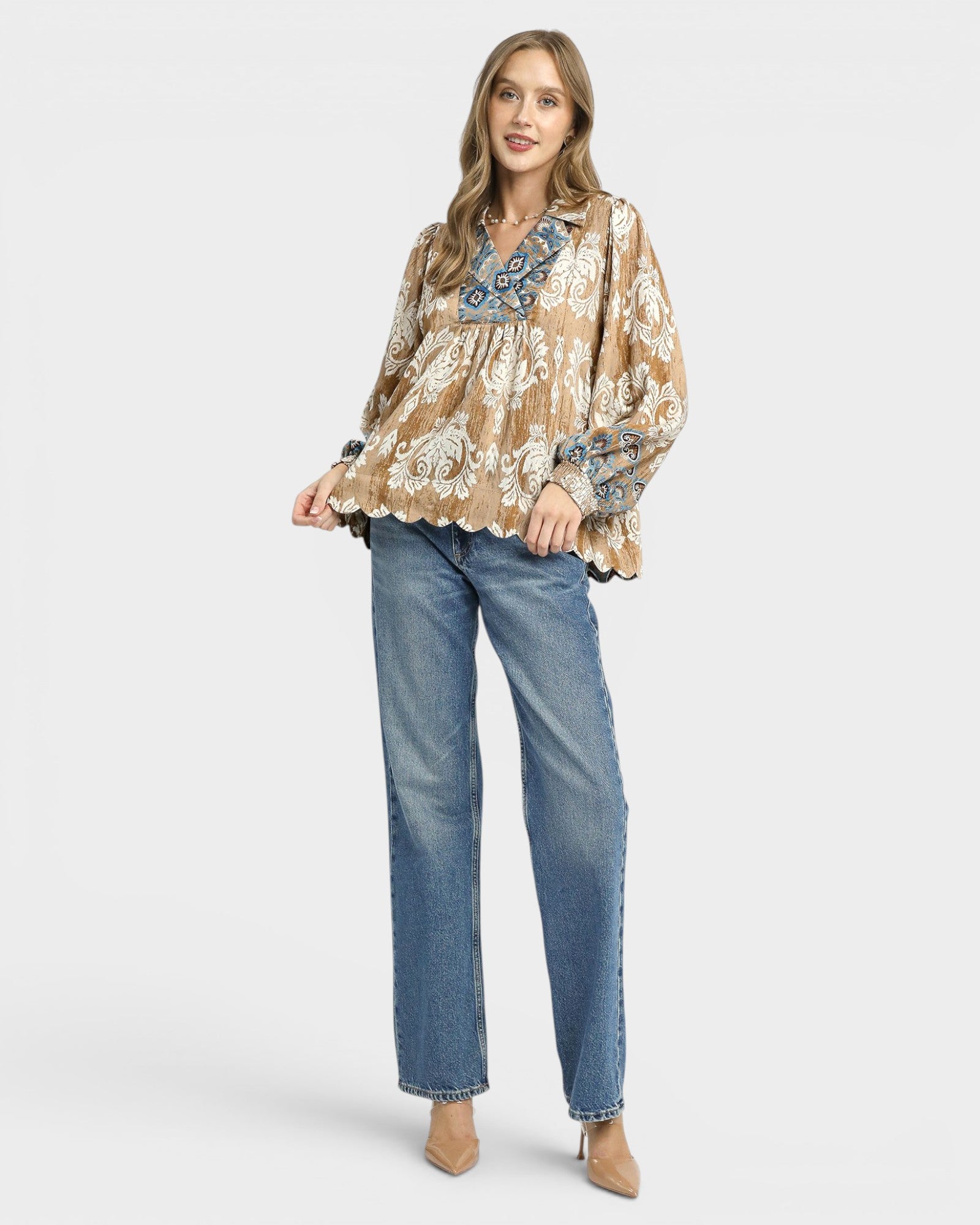 Taupe Scallop Hem Blouse
