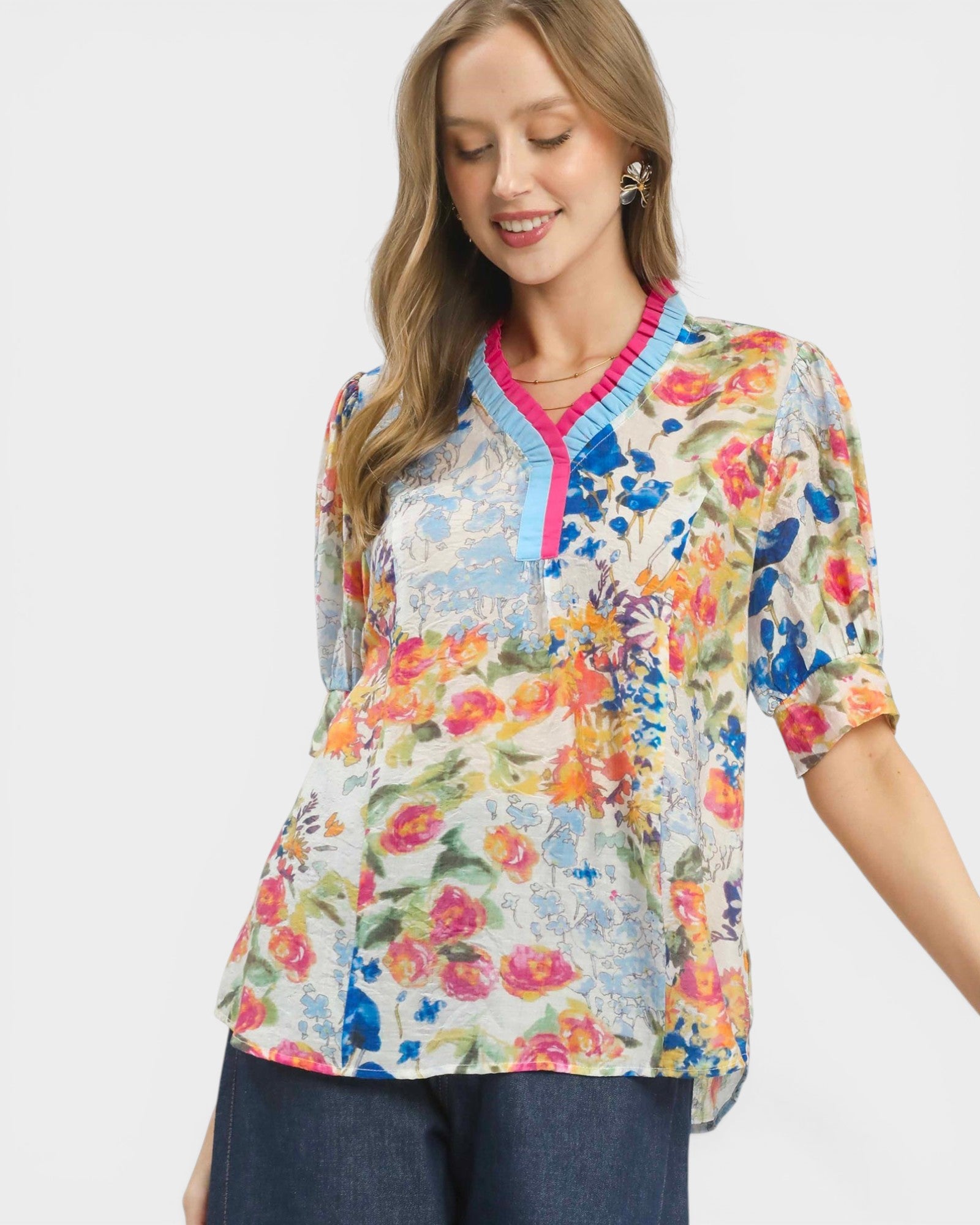 Blue Multi Floral Pleated Trim Blouse