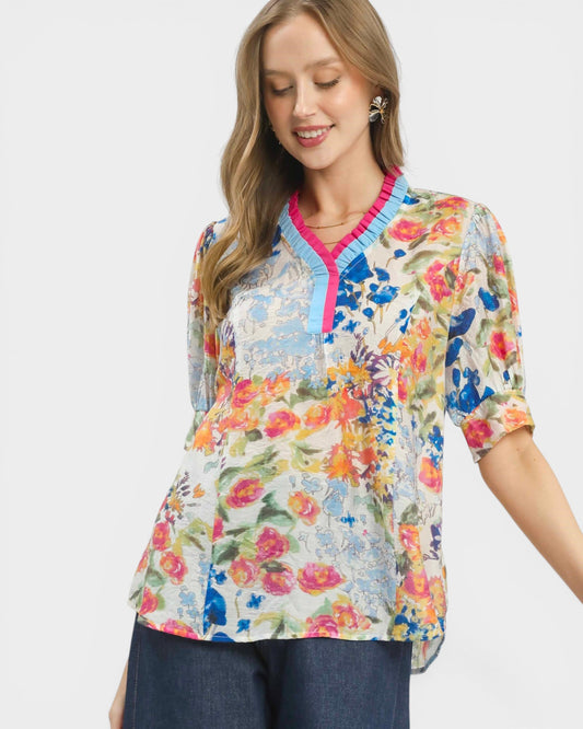 Blue Multi Floral Pleated Trim Blouse