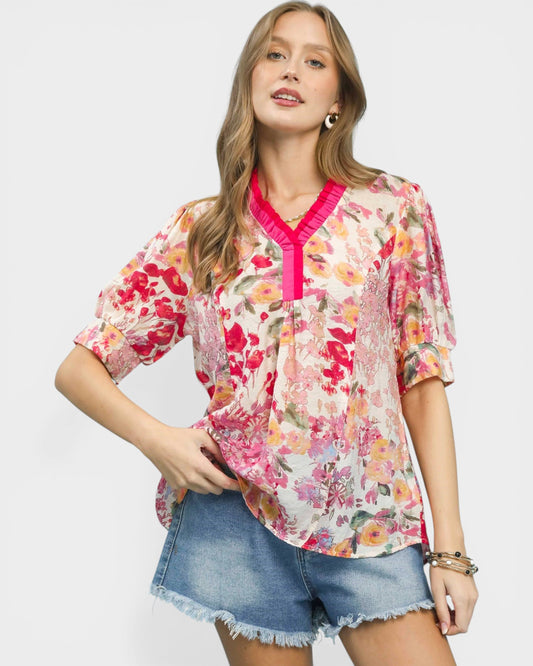Pink Multi Floral Pleated Trim Blouse