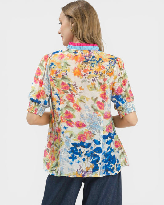 Blue Multi Floral Pleated Trim Blouse