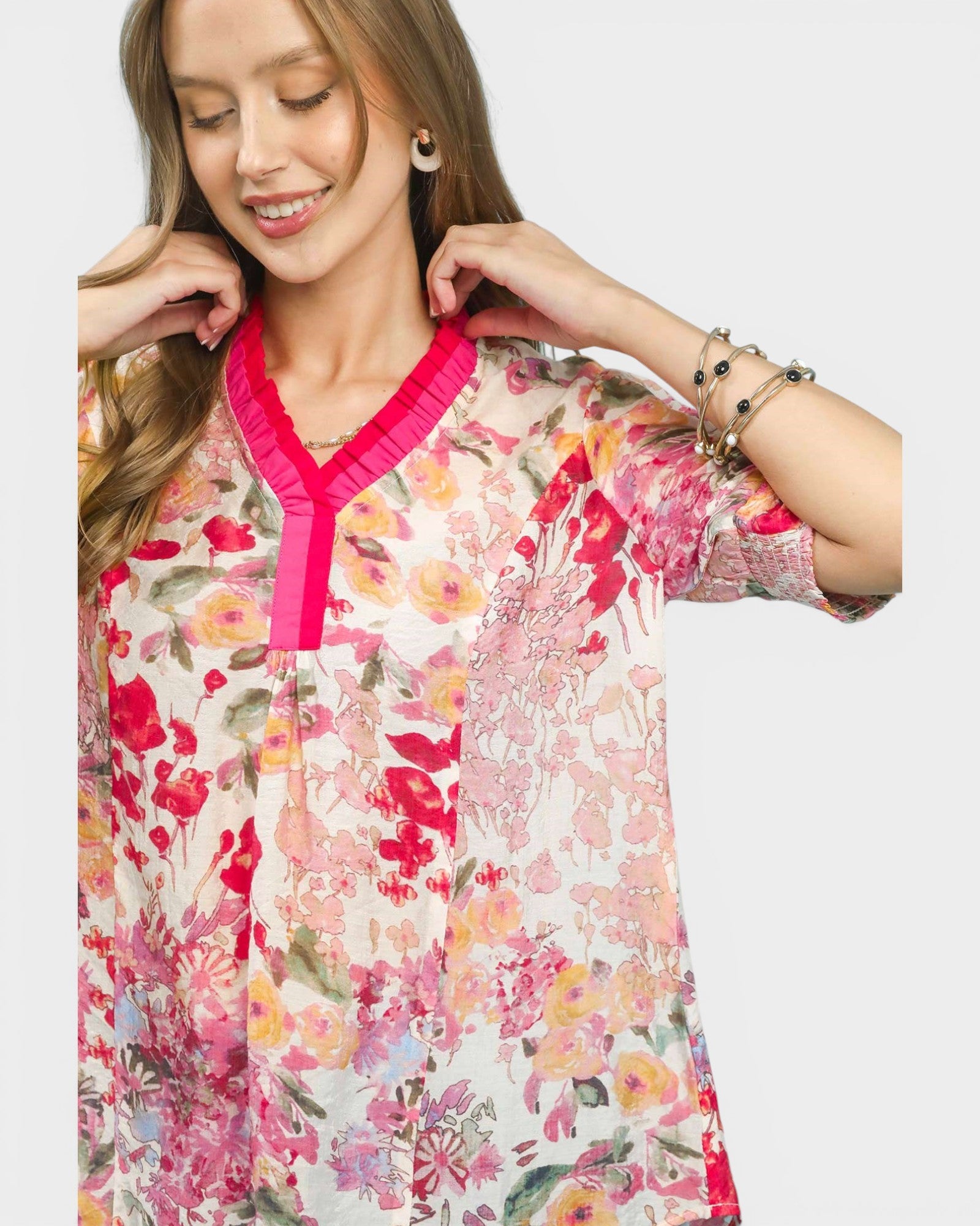 Pink Multi Floral Pleated Trim Blouse
