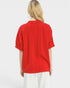 Person wearing a red shirt on a white background