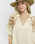 Woman wearing a beige embroidered blouse and straw hat on a white background