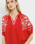 Red blouse with white embroidery on a plain background