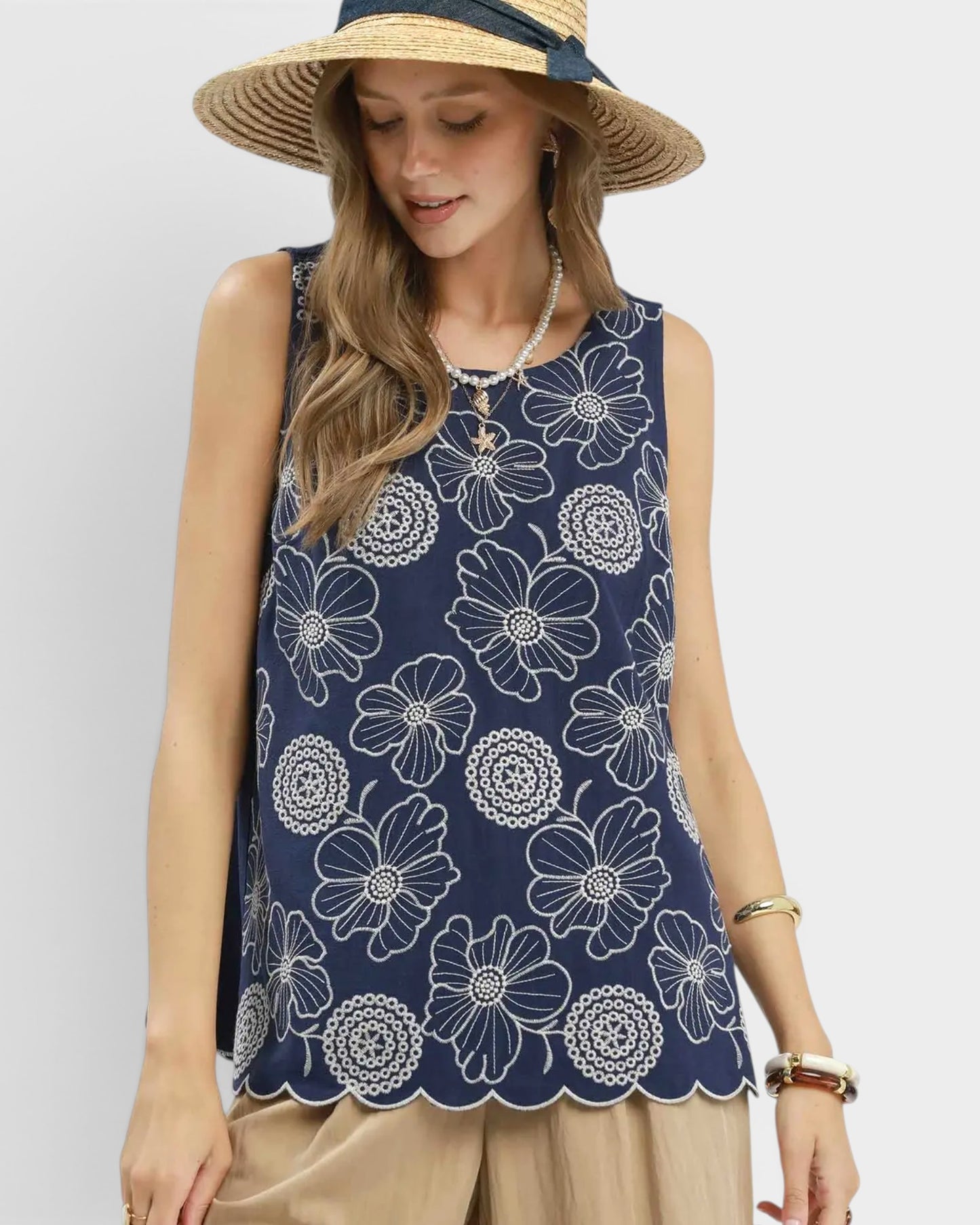 Navy Floral Embroidered Tank Top