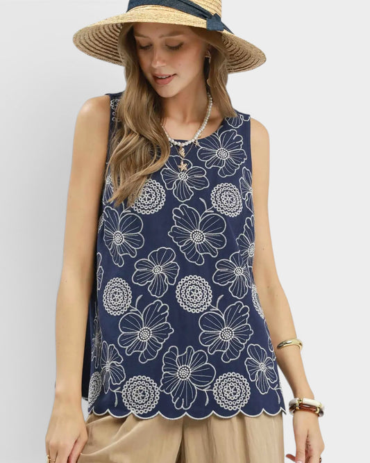 Navy Floral Embroidered Tank Top