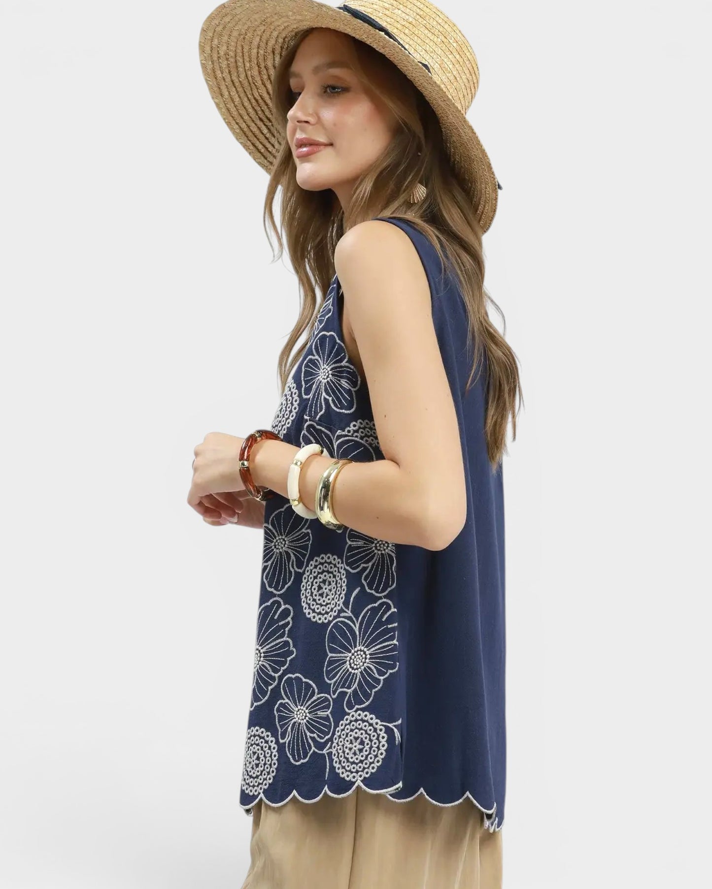 Navy Floral Embroidered Tank Top