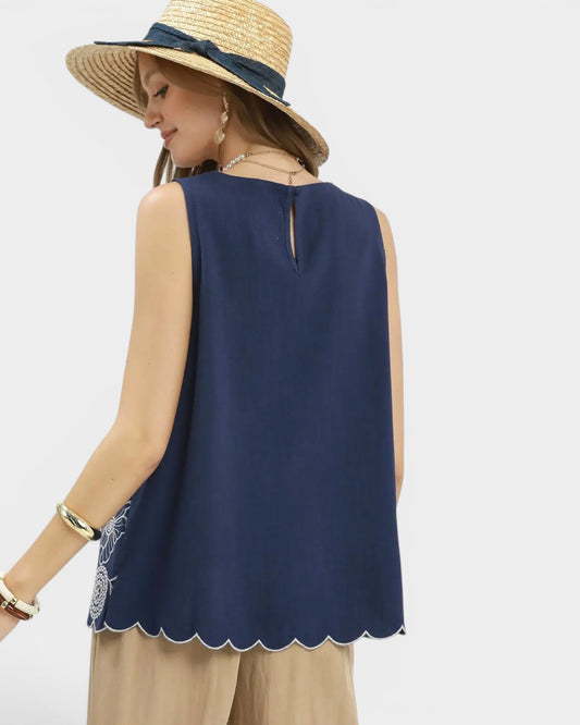 Navy Floral Embroidered Tank Top