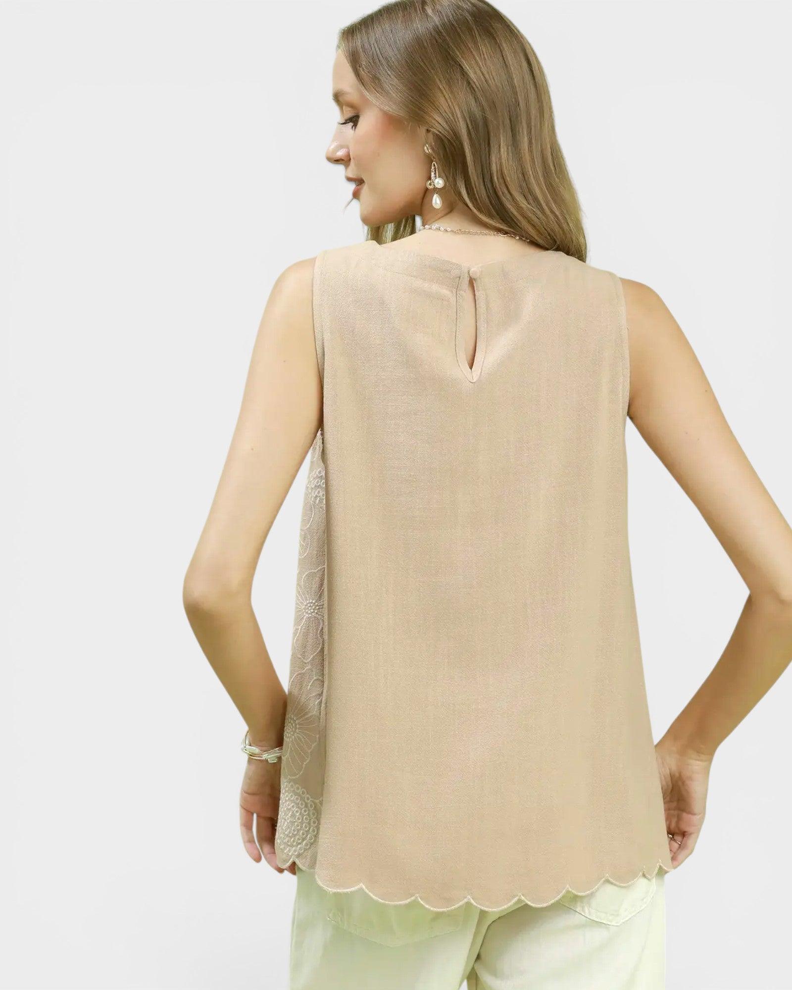 Taupe Floral Embroidered Tank Top
