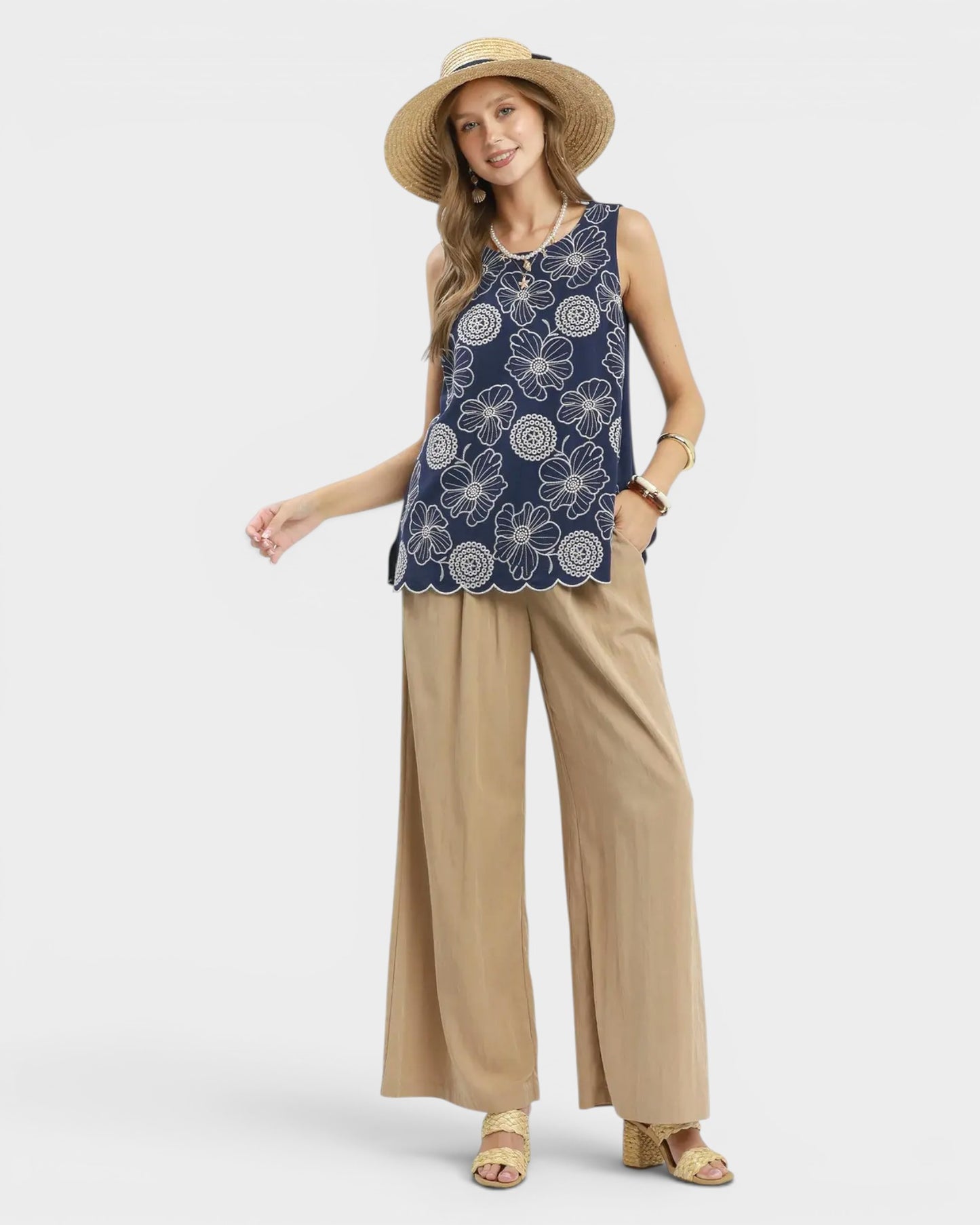 Navy Floral Embroidered Tank Top