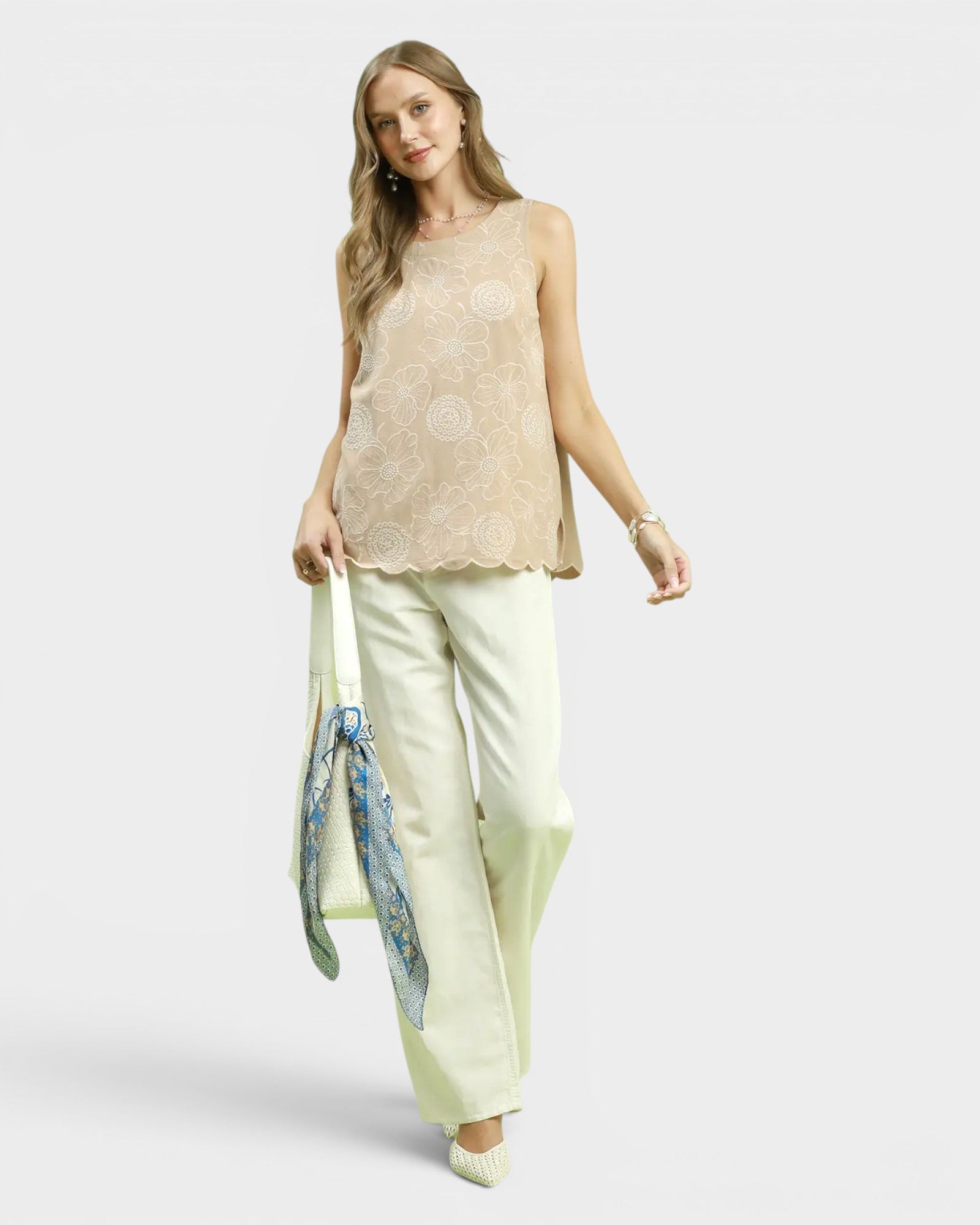 Taupe Floral Embroidered Tank Top