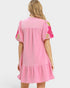 Pink dress with floral sleeves on a white background