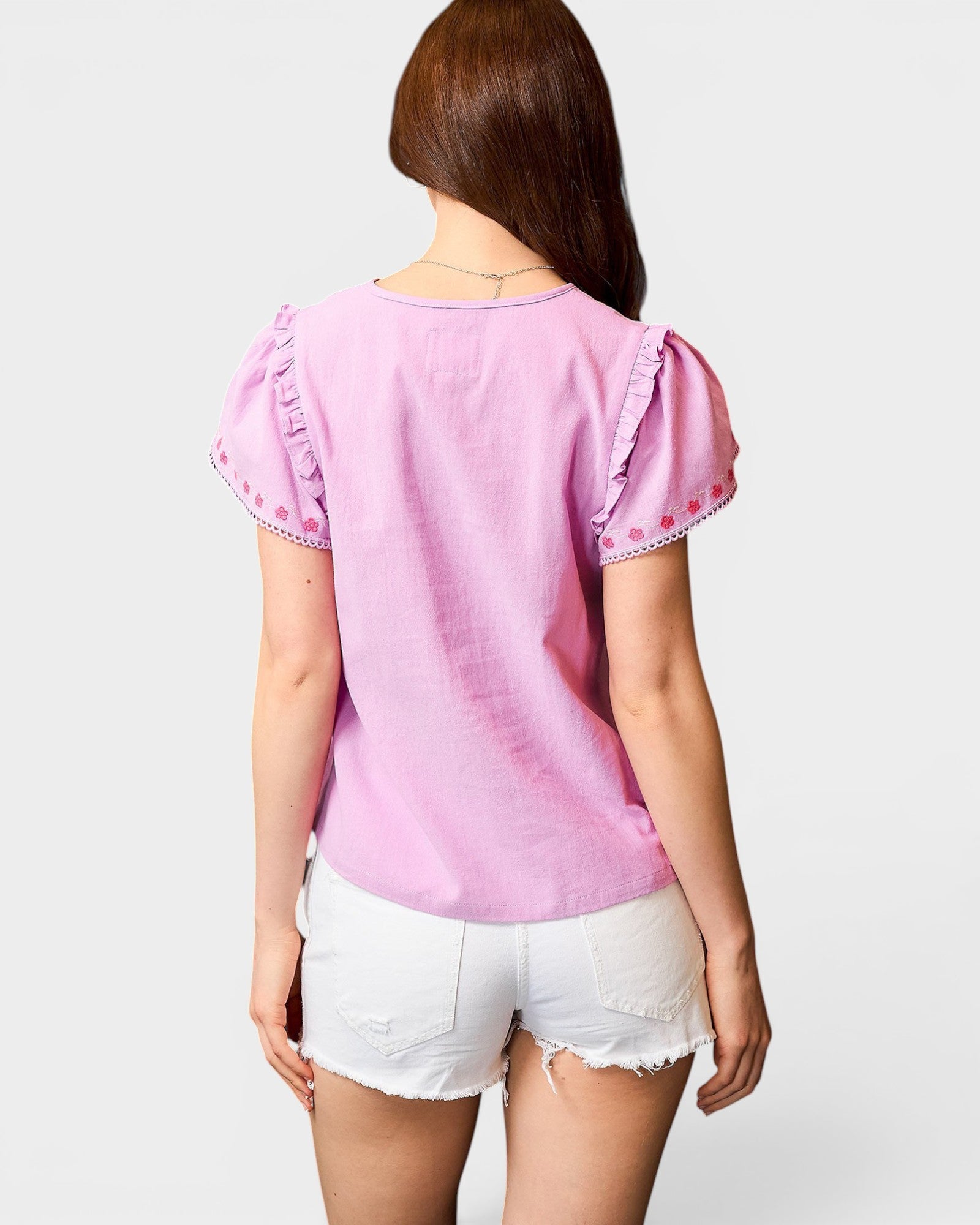 Pink Embroidered Flutter Sleeve Top