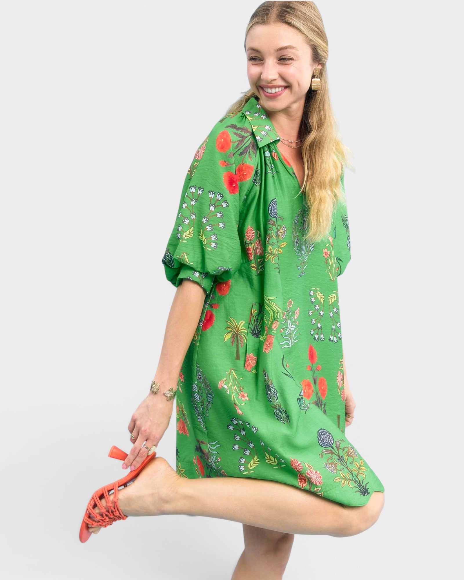 Green Botanical Print Mini Dress