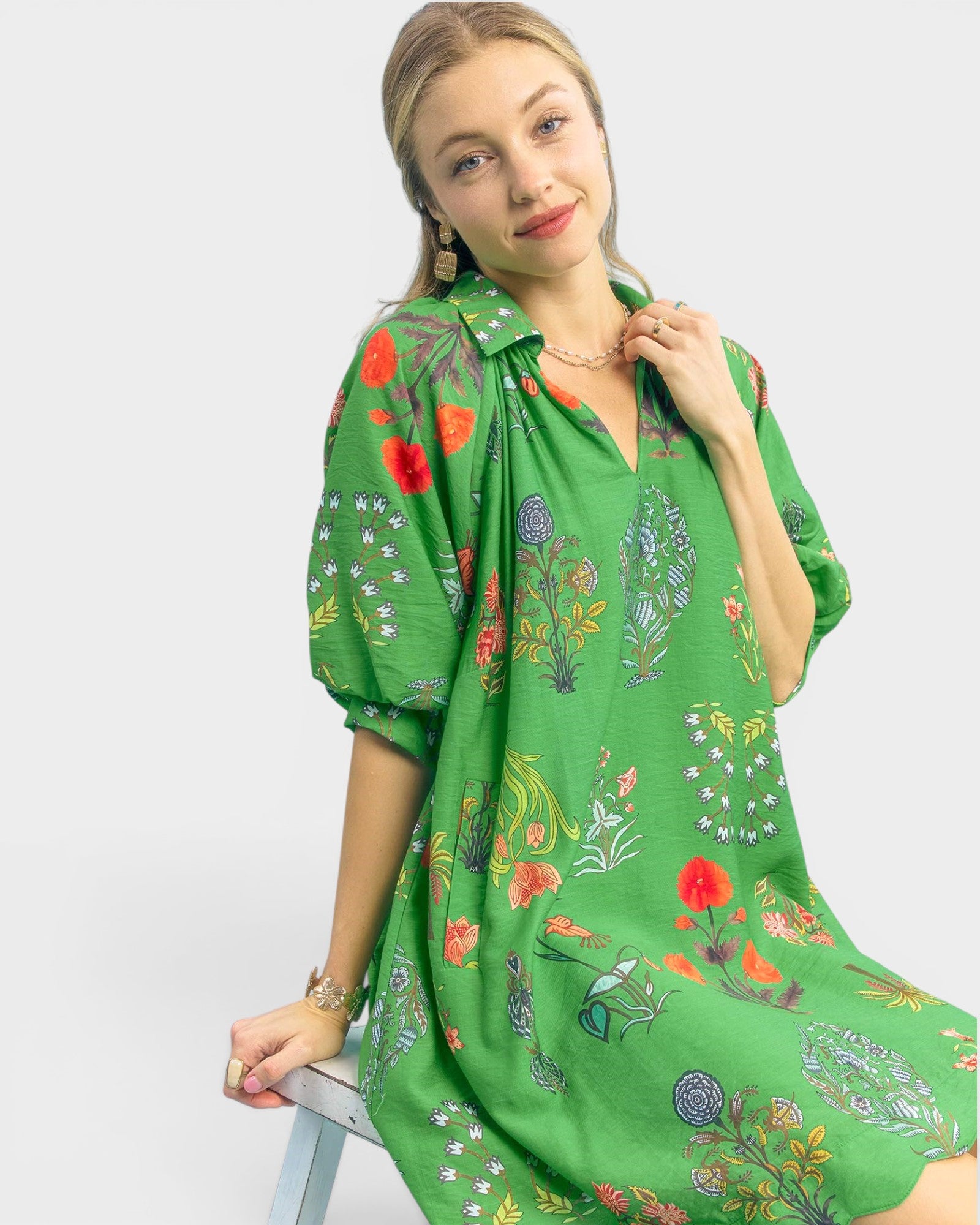 Green Botanical Print Mini Dress