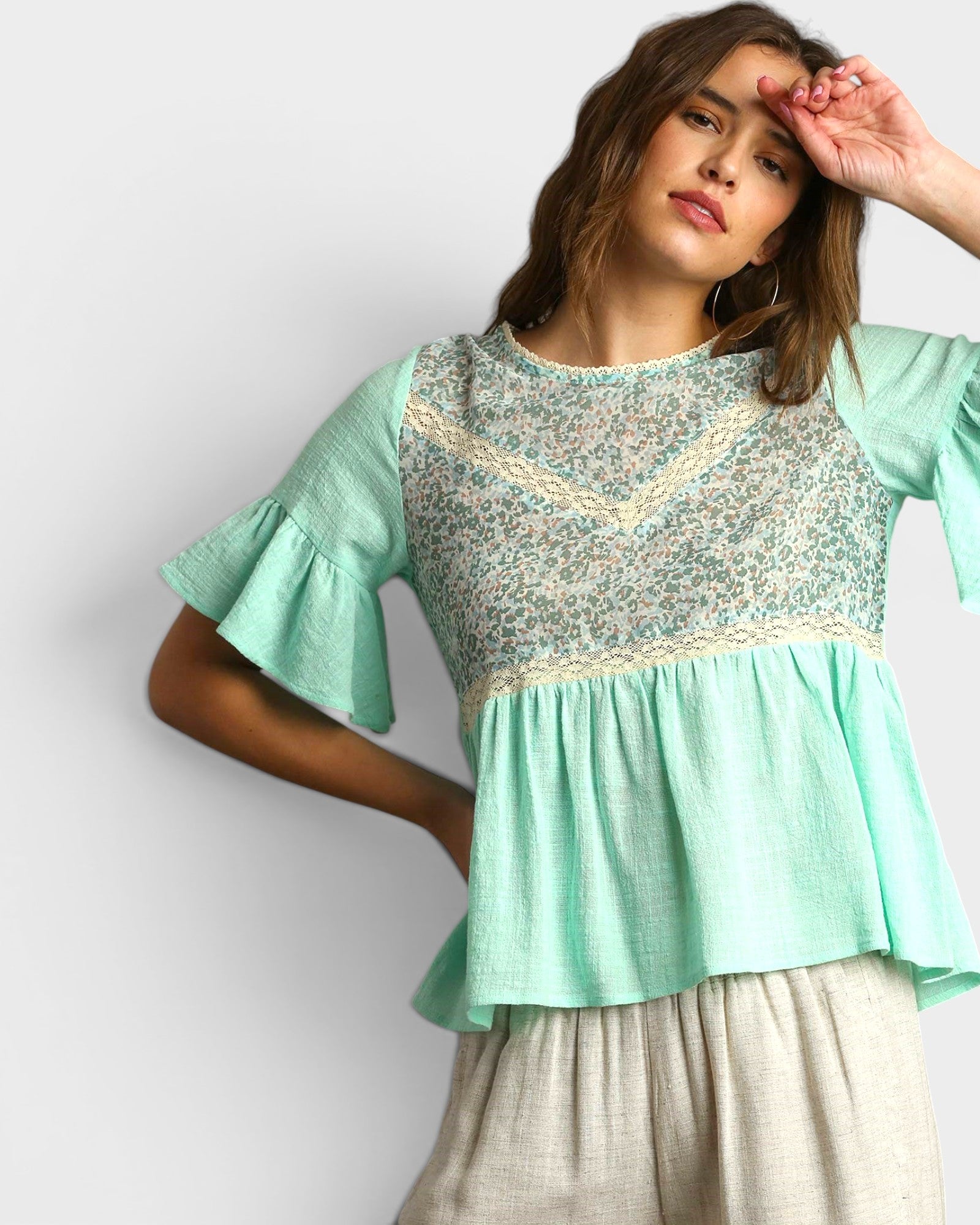Mint Floral Lace Ruffle Sleeve Top