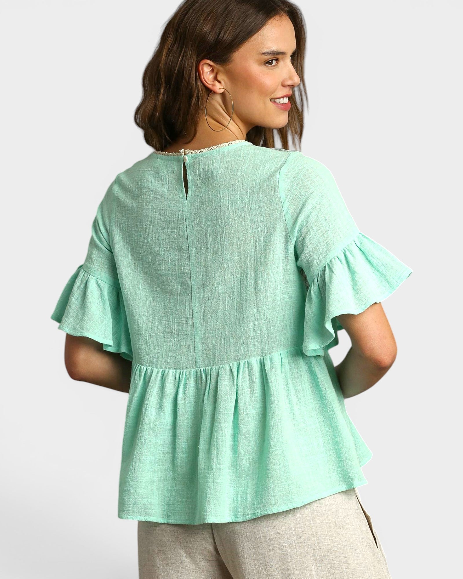 Mint Floral Lace Ruffle Sleeve Top