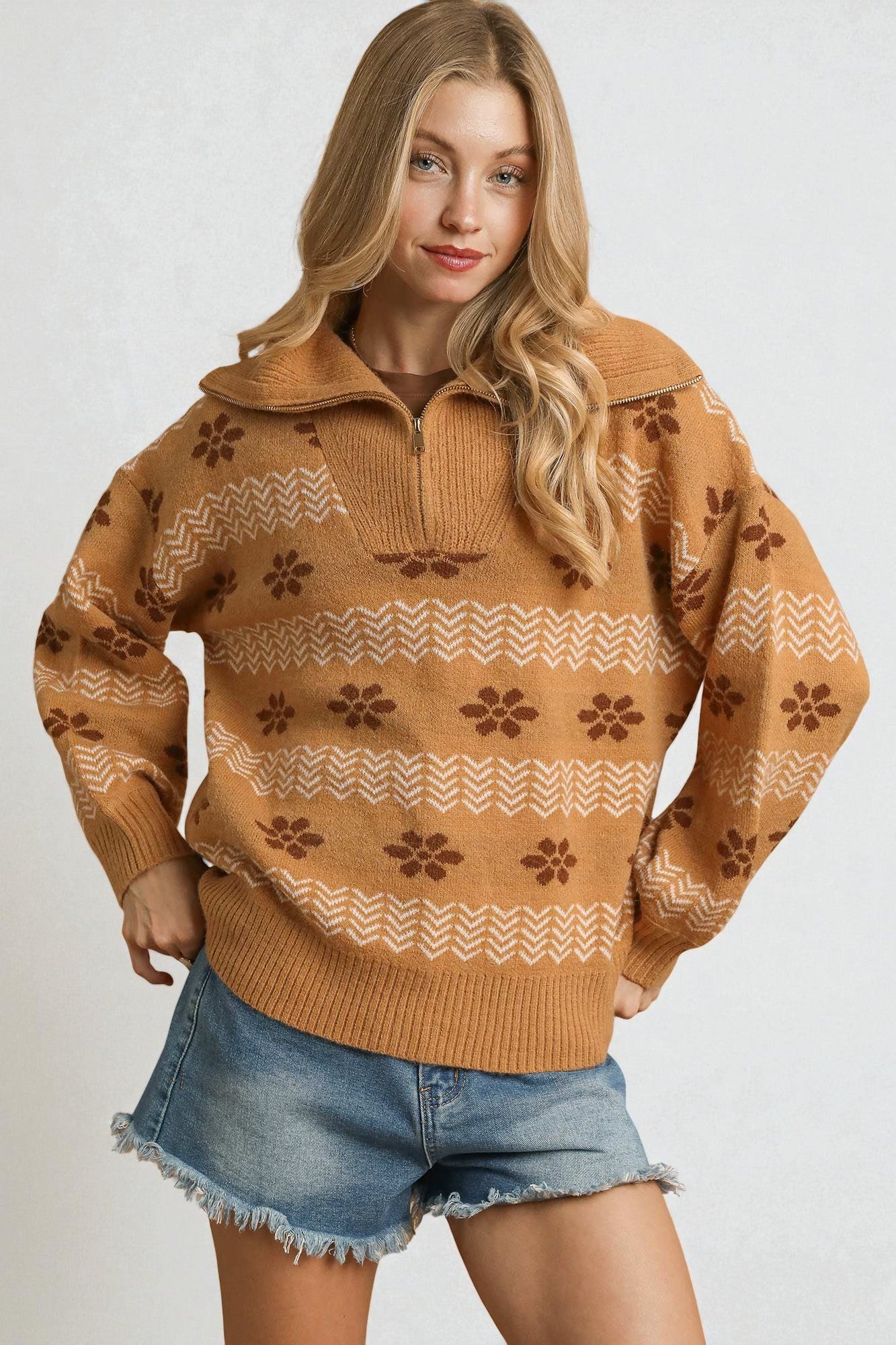 Caramel Floral Zip Collar Sweater
