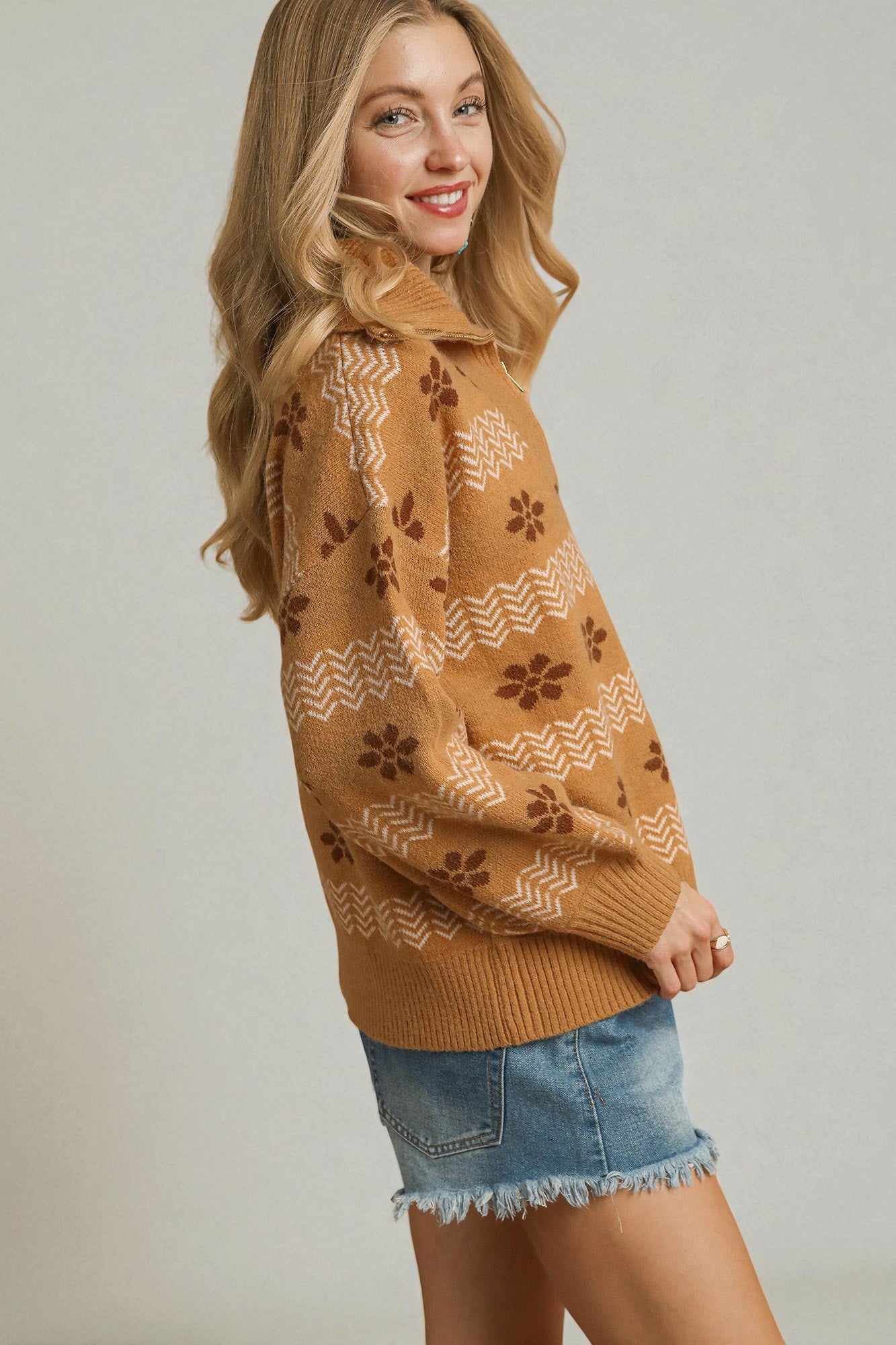 Caramel Floral Zip Collar Sweater