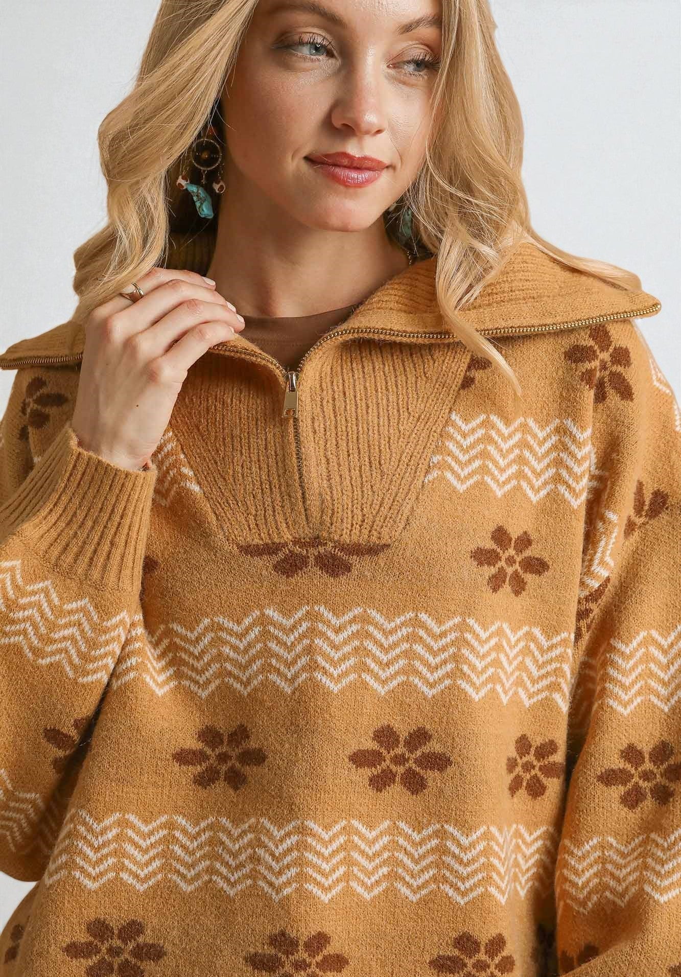 Caramel Floral Zip Collar Sweater