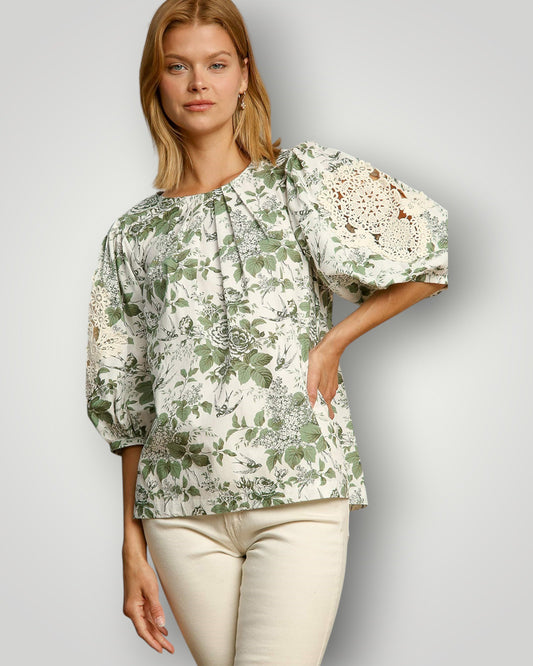 Ivory & Sage Floral Lace-Sleeve Blouse