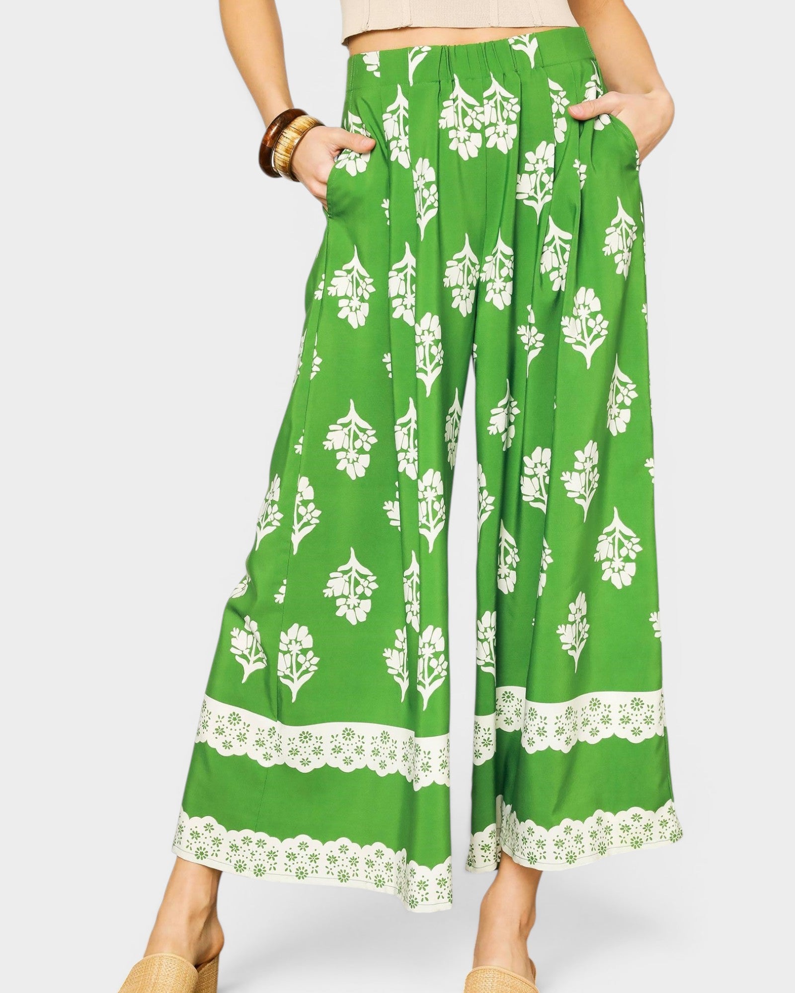 Green Floral Wide Leg Pants