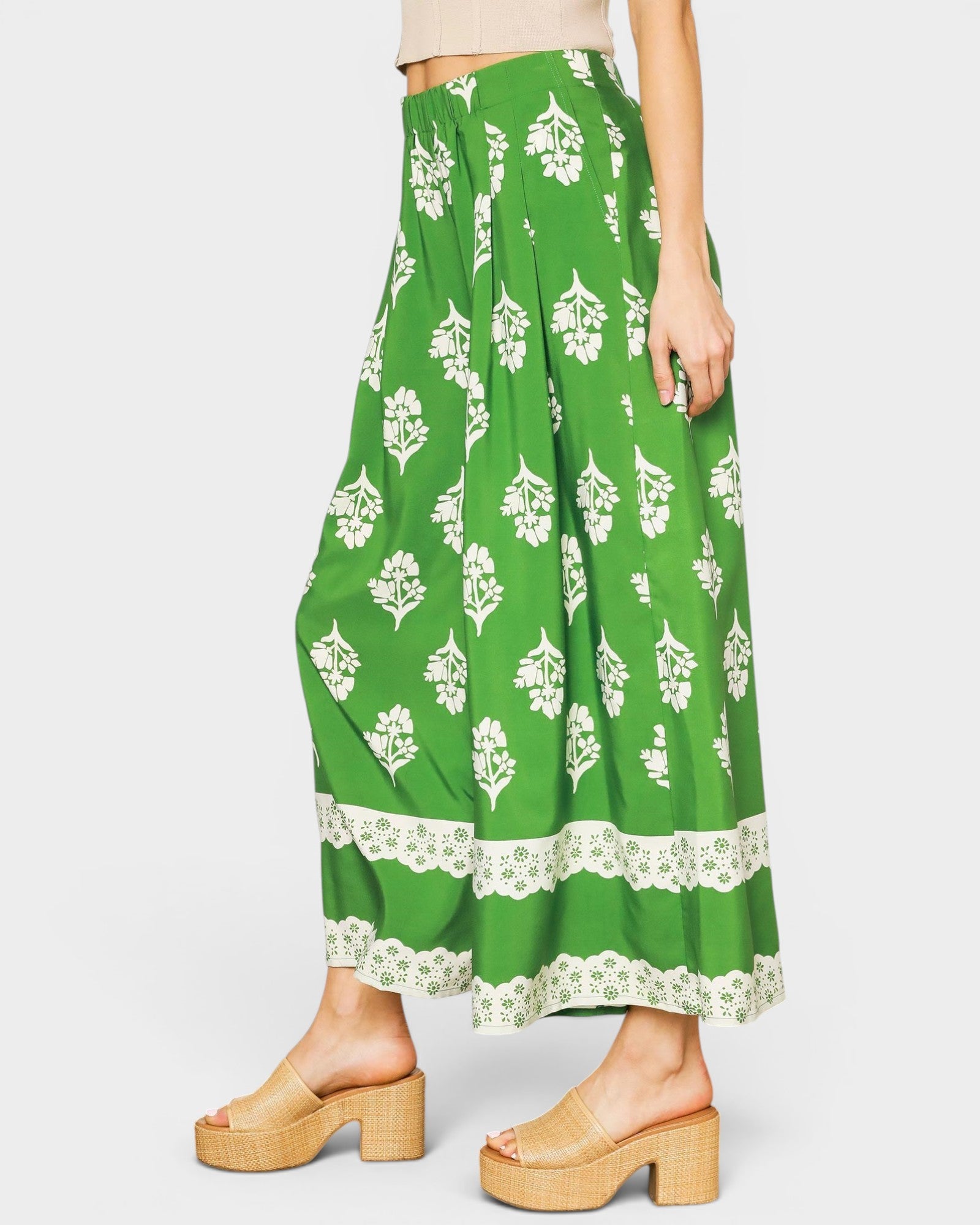 Green Floral Wide Leg Pants