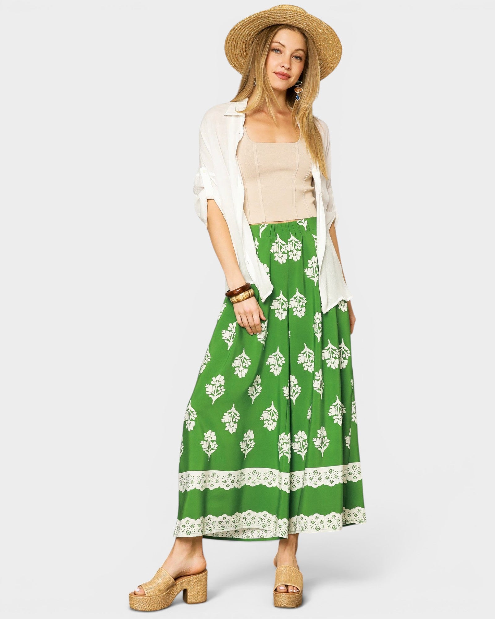 Green Floral Wide Leg Pants